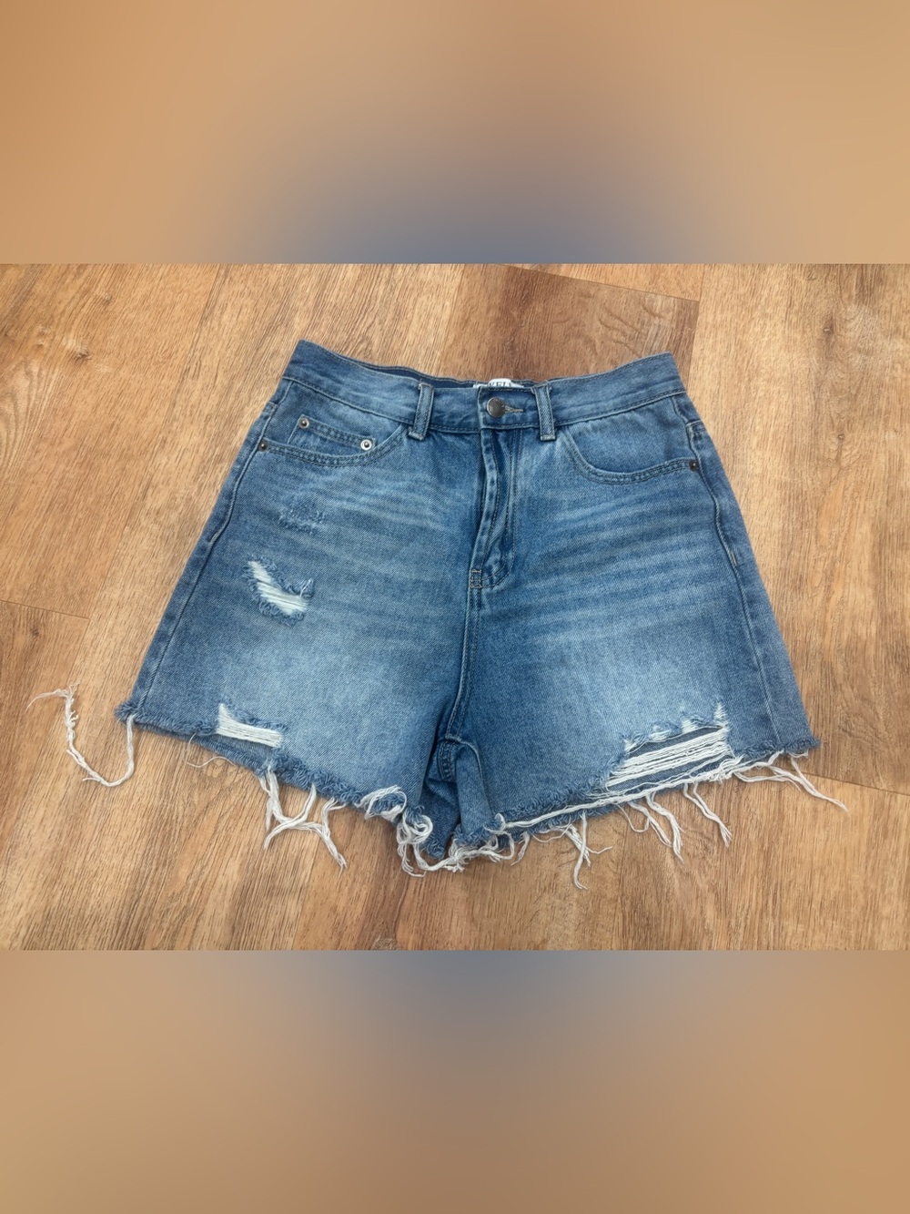 High-Rise Distressed Denim Shorts - Blue